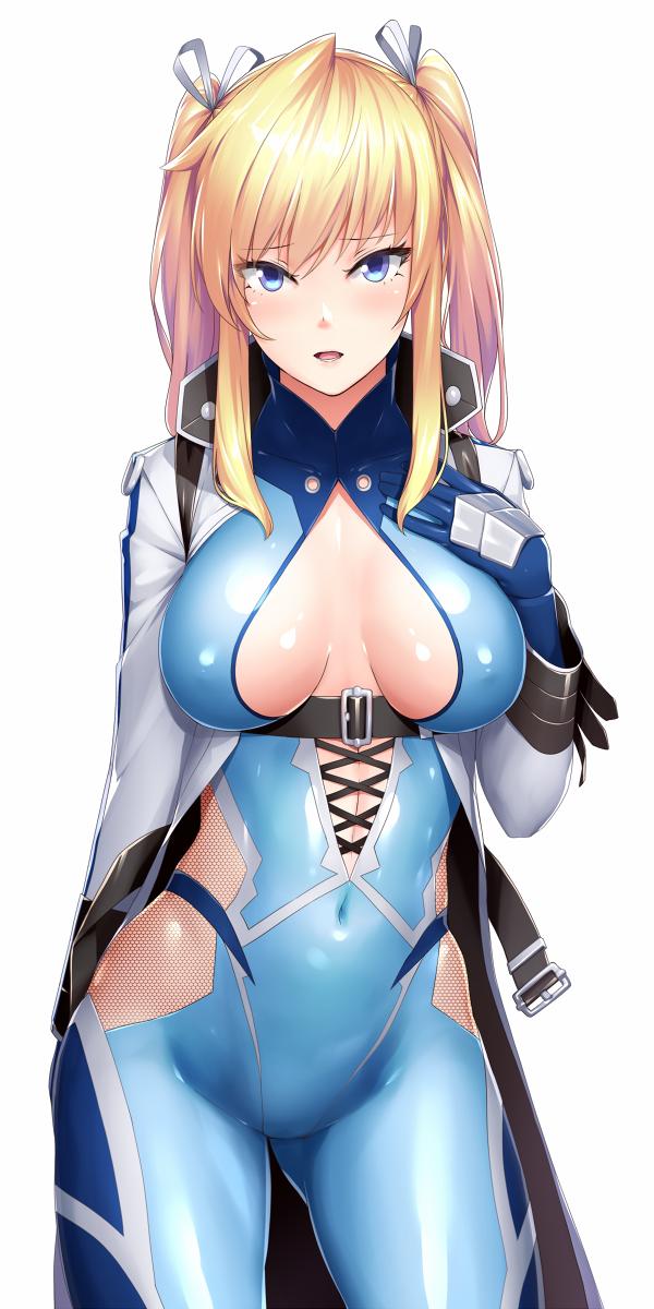 1girl arm_at_side bangs blue_bodysuit blue_eyes blush bodysuit breasts center_opening commentary_request covered_navel covered_nipples cowboy_shot eyebrows_visible_through_hair hair_ribbon hand_on_own_chest highres jacket kageshio_(276006) large_breasts long_hair long_sleeves looking_at_viewer ribbon shinganji_kurenai shrug_(clothing) simple_background solo taimanin_(series) taimanin_kurenai twintails underbust white_background white_jacket white_ribbon