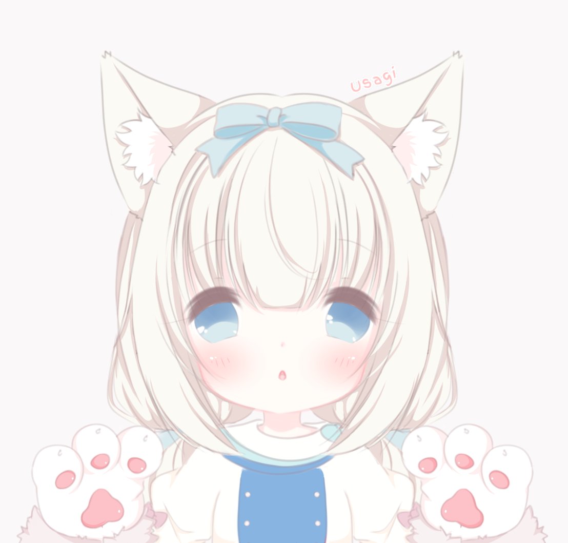 1girl animal_ear_fluff artist_name bangs blue_eyes blue_ribbon commentary eyes_visible_through_hair gloves hair_between_eyes hair_ribbon long_hair looking_at_viewer low_twintails michikousagi nekopara paw_gloves paws ribbon simple_background solo twintails upper_body vanilla_(sayori) white_background younger