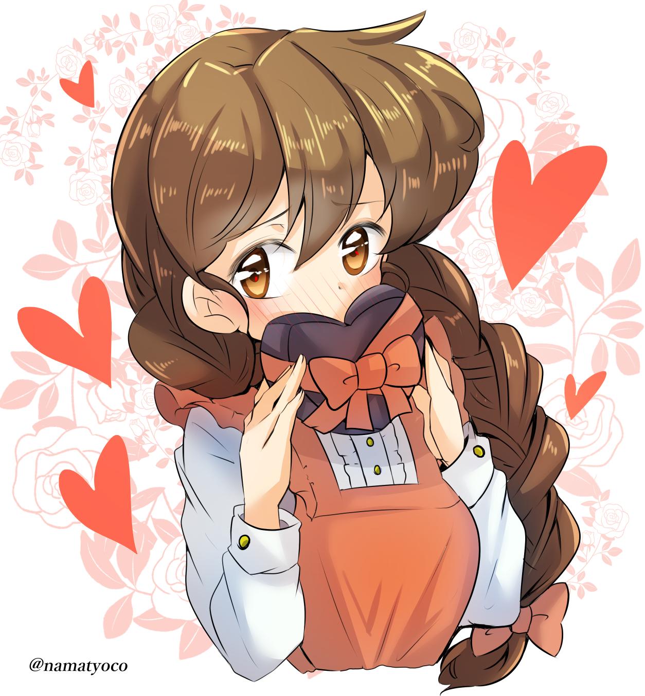 1girl blush bow box braid brown_eyes brown_hair casual commentary covering_mouth cropped_torso dress dress_shirt embarrassed floral_background flower frilled_dress frills gift girls_und_panzer hair_bow hair_over_shoulder heart heart-shaped_box highres holding holding_gift ivy long_hair namatyoco pink_bow red_dress red_ribbon ribbon rose rukuriri shirt single_braid twitter_username upper_body valentine white_shirt