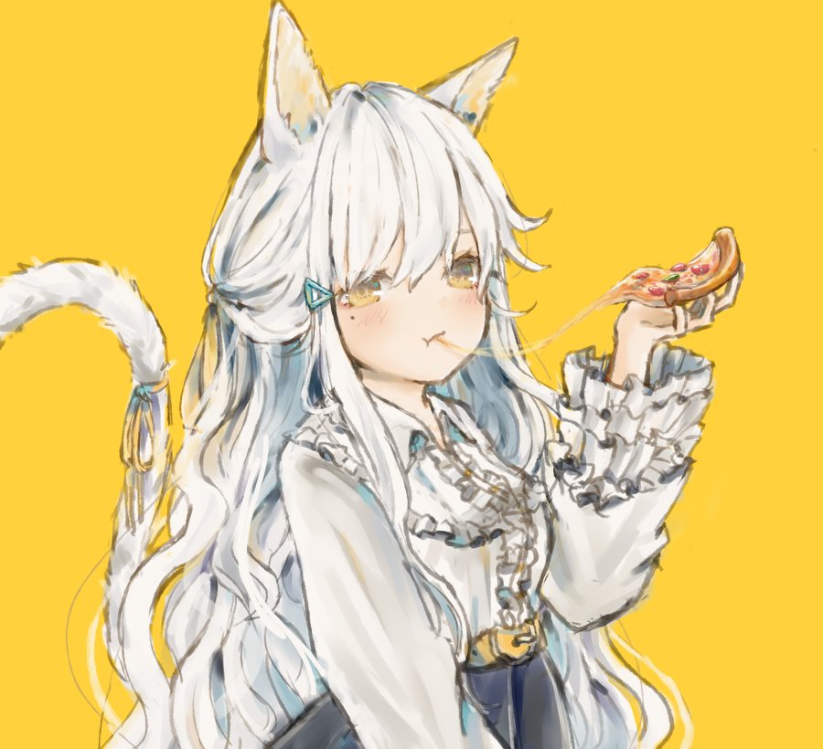1girl 63suke animal_ears bangs belt blue_skirt blush cat_ears cat_tail cheese_trail closed_mouth commentary eating food frilled_sleeves frills hair_between_eyes hand_up high-waist_skirt long_hair long_sleeves looking_at_viewer mole mole_under_eye original pizza shirt skirt standing tail upper_body very_long_hair wavy_hair white_hair white_shirt yellow_background yellow_belt yellow_eyes