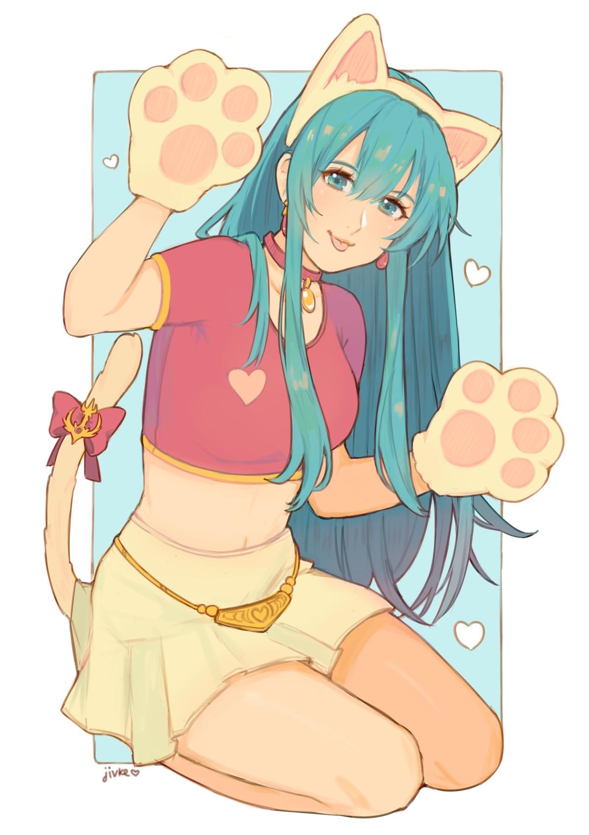1girl animal_ears aqua_hair bangs bell blush cat cat_ears cat_girl cat_tail commentary cute eirika fire_emblem fire_emblem:_seima_no_kouseki fire_emblem:_the_sacred_stones fire_emblem_8 highres intelligent_systems jivke kemonomimi_mode long_hair looking_at_viewer nintendo paw_pose skirt smile solo tail thigh-highs tongue_out