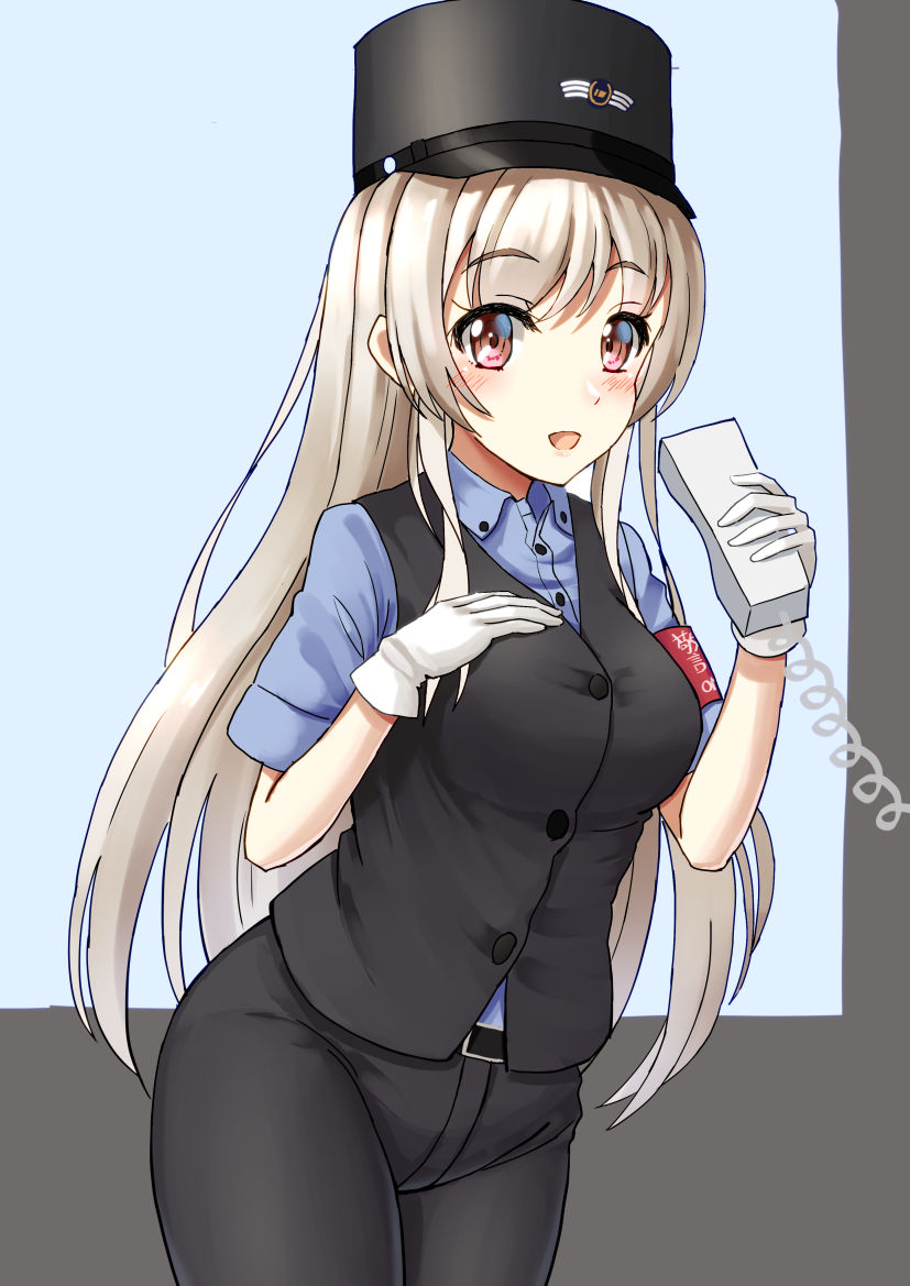 1girl armband black_pants black_vest commentary corded_phone cosplay employee_uniform eyebrows_visible_through_hair female_service_cap gloves id_card isonami_(kantai_collection) isonami_(kantai_collection)_(cosplay) kantai_collection kepi long_hair looking_at_viewer mayura2002 open_mouth pants phone red_eyes shoukaku_(kantai_collection) smile solo uniform vest white_gloves white_hair yokohama_seaside_line