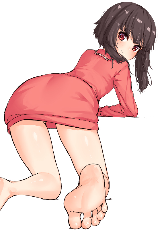 1girl ass bangs bare_legs barefoot bent_over blush brown_hair closed_mouth dress feet frills from_behind kono_subarashii_sekai_ni_shukufuku_wo! long_sleeves looking_at_viewer looking_back megumin pensuke red_dress red_eyes short_hair_with_long_locks sidelocks simple_background smile soles solo thighs toes white_background