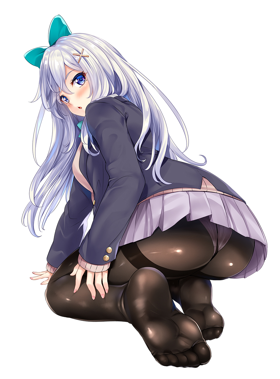 1girl all_fours aqua_bow aqua_neckwear ass bangs black_legwear blue_eyes blue_jacket blush bow bowtie breasts commentary_request feet from_behind grey_hair gusset hair_bow hair_ornament highres hinata_sora jacket large_breasts long_hair long_sleeves looking_at_viewer looking_back no_shoes original panties panties_under_pantyhose pantyhose pleated_skirt purple_cardigan purple_skirt sidelocks skirt soles solo thighband_pantyhose toes underwear x_hair_ornament