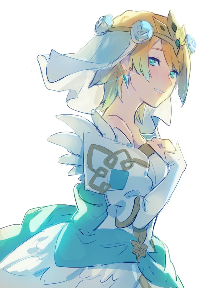 1girl aisutabetao bare_shoulders blonde_hair blue_flower blue_hair bridal_veil bride bride_(fire_emblem) commentary_request crown dress earrings fire_emblem fire_emblem_heroes fjorm_(fire_emblem_heroes) flower from_side gradient_hair hair_flower hair_ornament hand_on_own_chest jewelry looking_to_the_side multicolored_hair parted_lips short_hair simple_background solo teeth upper_body veil wedding_dress white_background white_dress