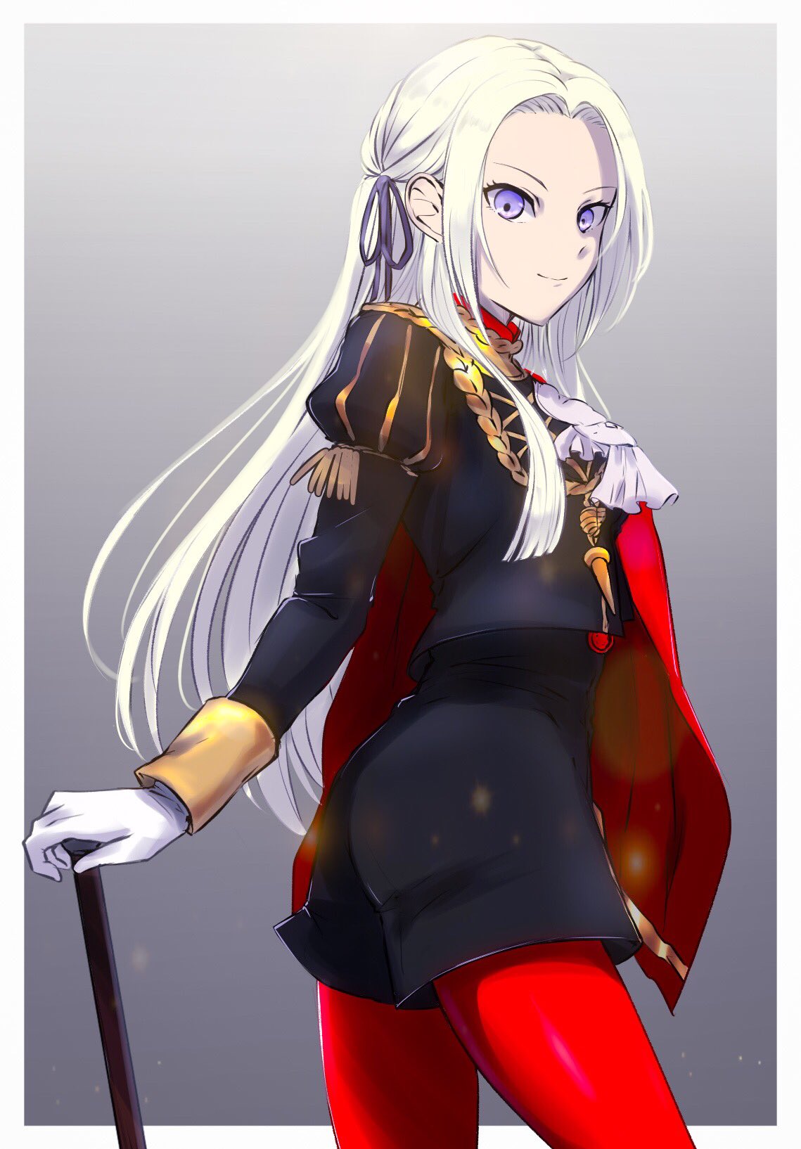 1girl ass blonde_hair cape closed_mouth commentary_request cravat doku_ringo36 edelgard_von_hresvelgr_(fire_emblem) fire_emblem fire_emblem:_three_houses from_side gloves grey_background hair_ribbon highres long_hair long_sleeves looking_to_the_side pantyhose red_cape red_legwear ribbon simple_background smile solo uniform violet_eyes white_gloves