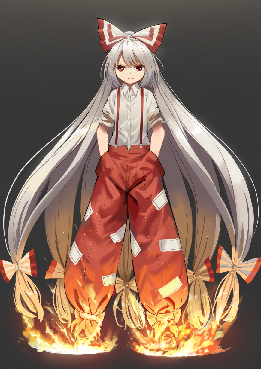 1girl dark_background fire fujiwara_no_mokou full_body grey_hair hair_ribbon hands_in_pockets highres long_hair looking_at_viewer ponytail red_eyes ribbon smile solo suna_(s73d) suspenders torn_clothes torn_sleeves touhou very_long_hair white_hair