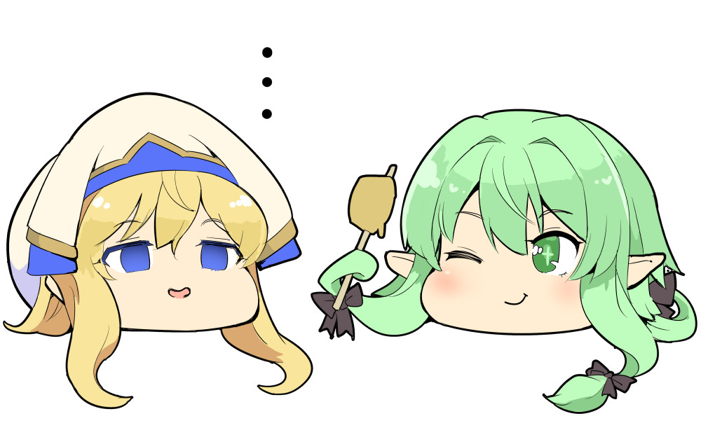 +_+ ... 2girls :d ;) ;t bangs black_bow blonde_hair blue_eyes blush bow check_commentary cheese cheese_trail chibi commentary commentary_request disembodied_head empty_eyes eyebrows_visible_through_hair food goblin_slayer! hair_between_eyes hair_bow hair_intakes high_elf_archer_(goblin_slayer!) holding looking_at_another melting multiple_girls one_eye_closed open_mouth pointy_ears priestess_(goblin_slayer!) puuakachan short_hair sidelocks simple_background smile white_background white_headwear yukkuri_shiteitte_ne