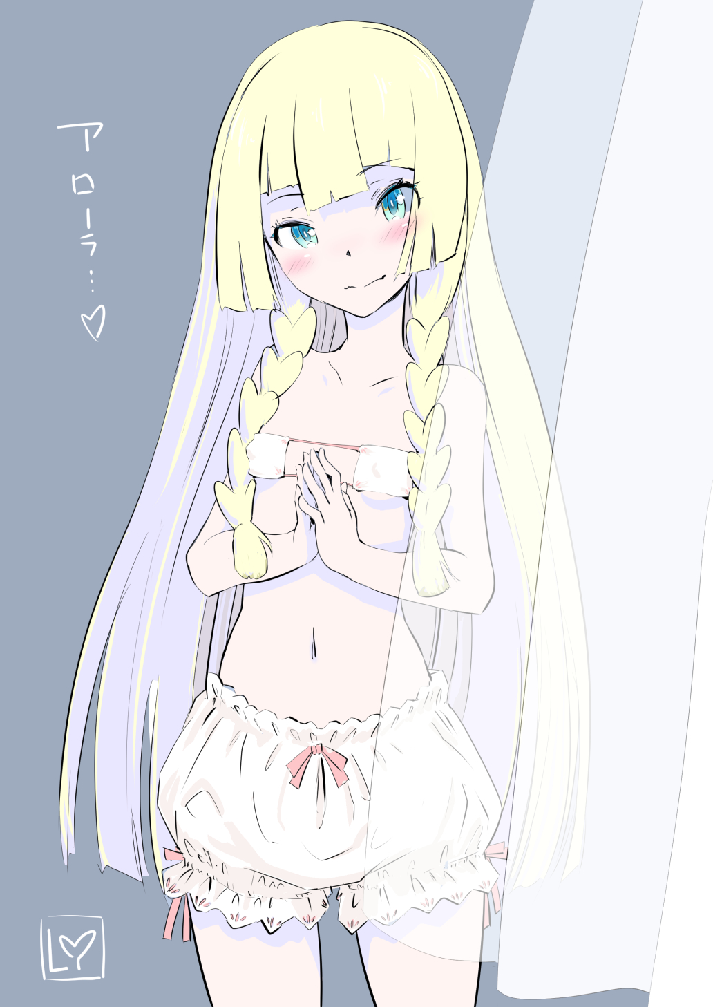 1girl bare_shoulders blonde_hair bloomers blush bow braid closed_mouth collarbone commentary_request covered_nipples green_eyes hands_together highres li_(lithium0522) lillie_(pokemon) long_hair micro_bra navel own_hands_together pokemon pokemon_(game) pokemon_sm solo twin_braids underwear