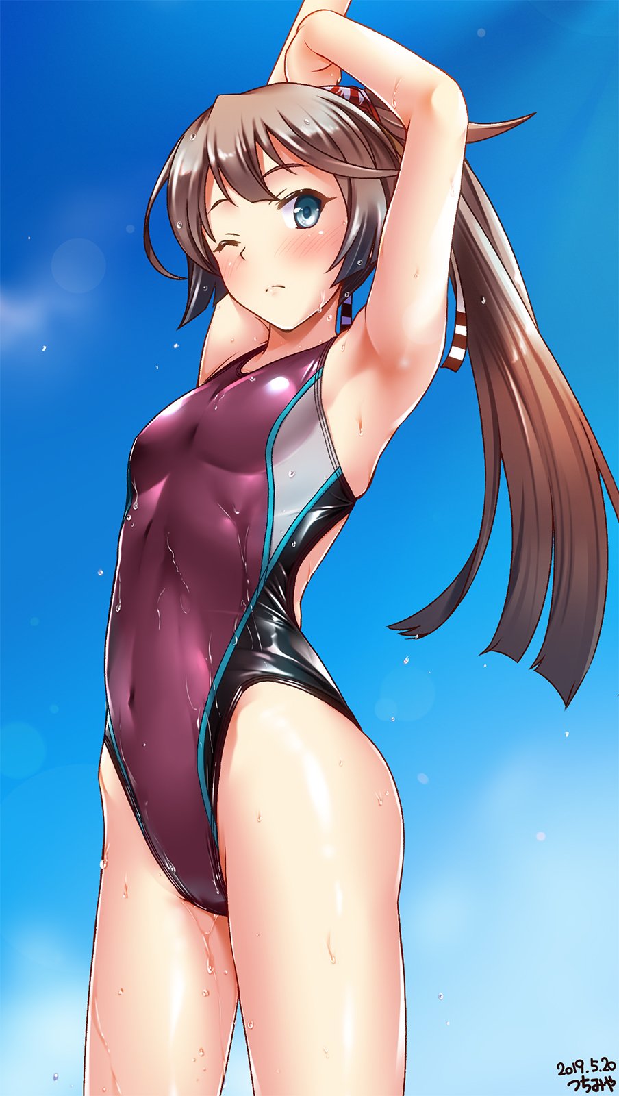 1girl arm_up armpits arms_behind_head artist_name blue_sky breasts brown_hair collarbone competition_swimsuit covered_navel cowboy_shot dated eyebrows_visible_through_hair grey_eyes hair_between_eyes hair_ribbon highres kantai_collection kazagumo_(kantai_collection) long_hair looking_at_viewer one-piece_swimsuit one_eye_closed pink_swimsuit ponytail ribbon sky small_breasts solo standing swimsuit tsuchimiya wet wet_clothes wet_swimsuit