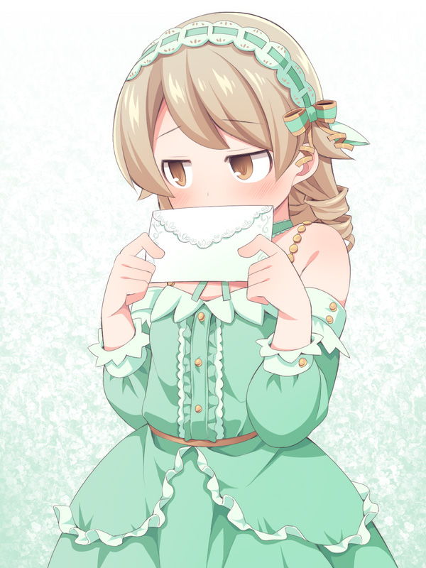 1girl abstract_background bangs bare_shoulders blush bow brown_eyes commentary covering_mouth dot_nose dress drill_hair envelope eyebrows_visible_through_hair gradient gradient_background green_background green_dress hair_bow hairband holding_letter idolmaster idolmaster_cinderella_girls light_brown_hair long_sleeves looking_away medium_hair morikubo_nono ringlets shy solo ushi white_background