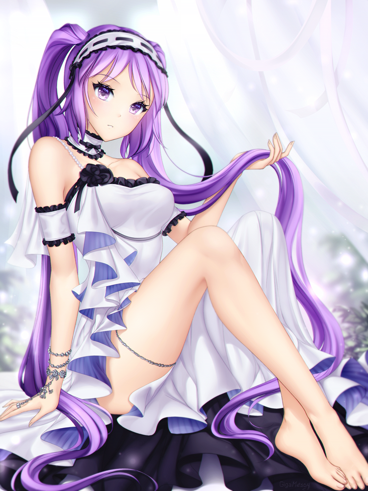 1girl arm_support bangs bare_legs bare_shoulders barefoot black_flower black_rose blush bracelet breasts choker crossed_legs curtains dress euryale fate/grand_order fate/hollow_ataraxia fate_(series) feet fingernails flower full_body gigamessy hair_ornament hairband head_tilt holding holding_hair jewelry lolita_hairband long_hair looking_at_viewer makeup medium_breasts parted_lips purple_hair rose sitting solo thighs two_side_up very_long_hair violet_eyes white_dress