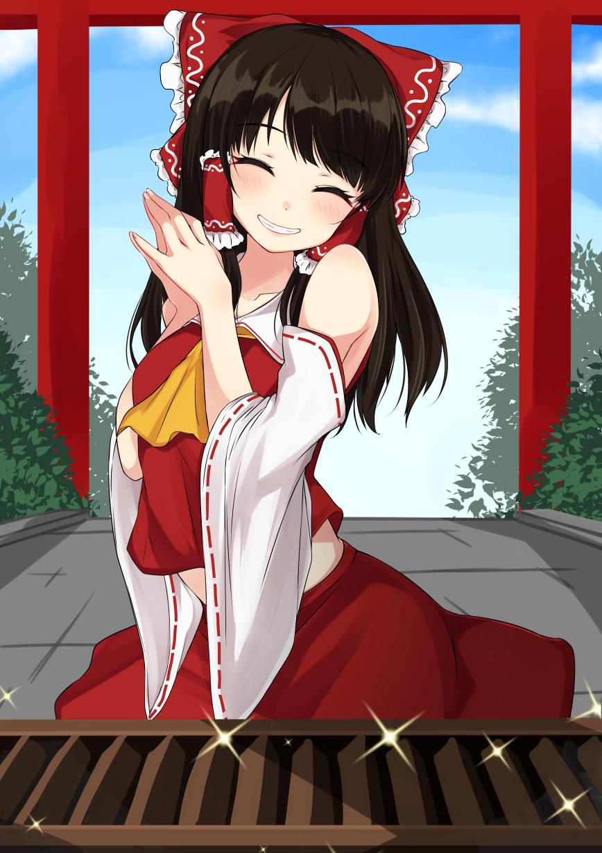 1girl ^_^ ascot bangs bare_shoulders black_hair blue_sky blush bow box breasts closed_eyes clouds collarbone commentary_request cowboy_shot crop_top day detached_sleeves donation_box facing_viewer frilled_bow frills grin hair_bow hair_tubes hakurei_reimu hands_up head_tilt highres long_hair long_sleeves medium_breasts midriff outdoors own_hands_together paburisiyasu red_bow red_skirt ribbon-trimmed_sleeves ribbon_trim sidelocks skirt skirt_set sky smile solo sparkle standing torii touhou wide_sleeves yellow_neckwear