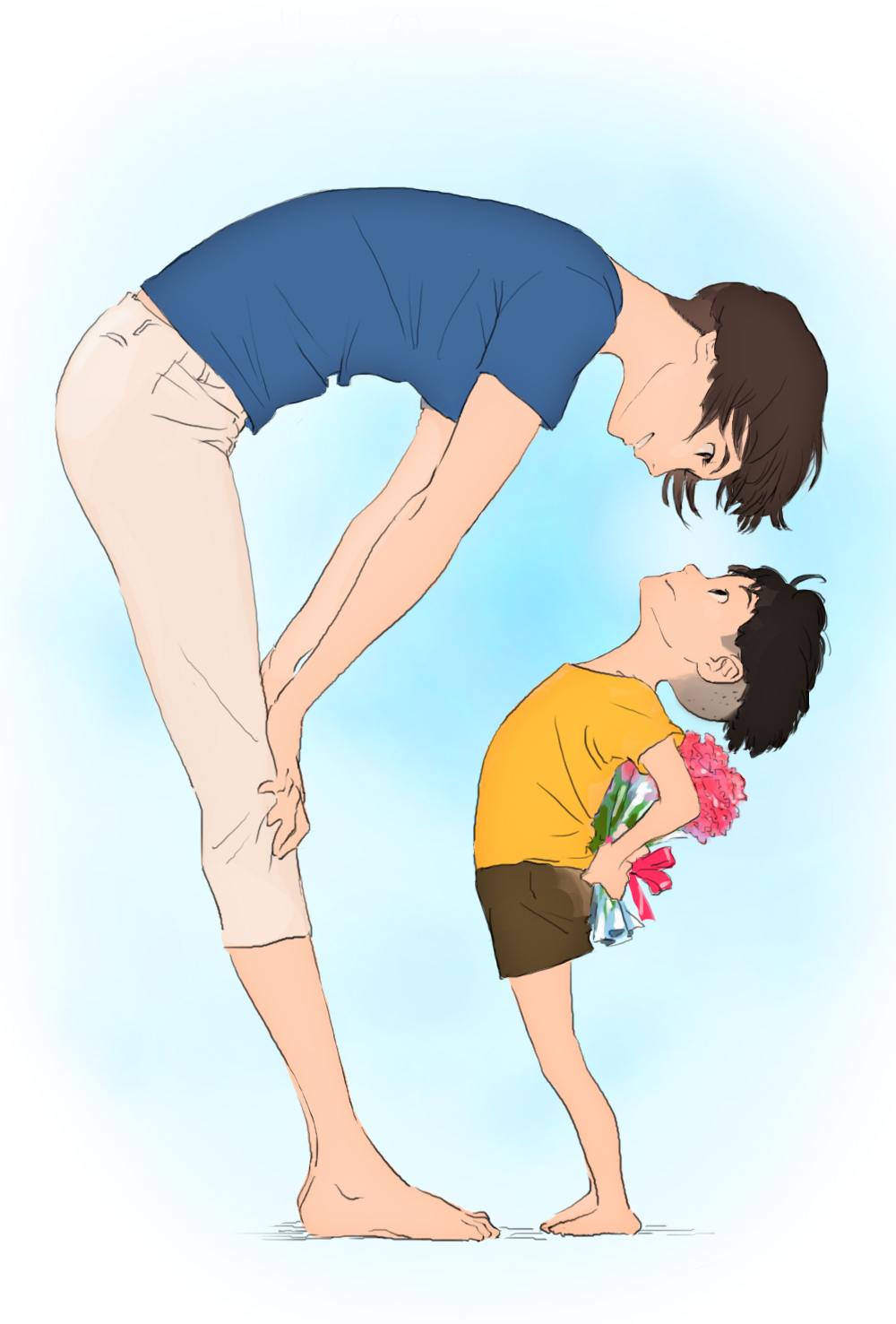 1boy 1girl barefoot bent_over black_hair bouquet brown_eyes brown_hair capri_pants eye_contact flat_color flower gake_no_ue_no_ponyo hands_on_own_knees highres lisa_(ponyo) looking_at_another mother's_day mother_and_son pants shaved_head shirt short_hair short_sleeves shorts smile sousuke_(ponyo) standing t-shirt tombiiwa undercut white_background yellow_shirt