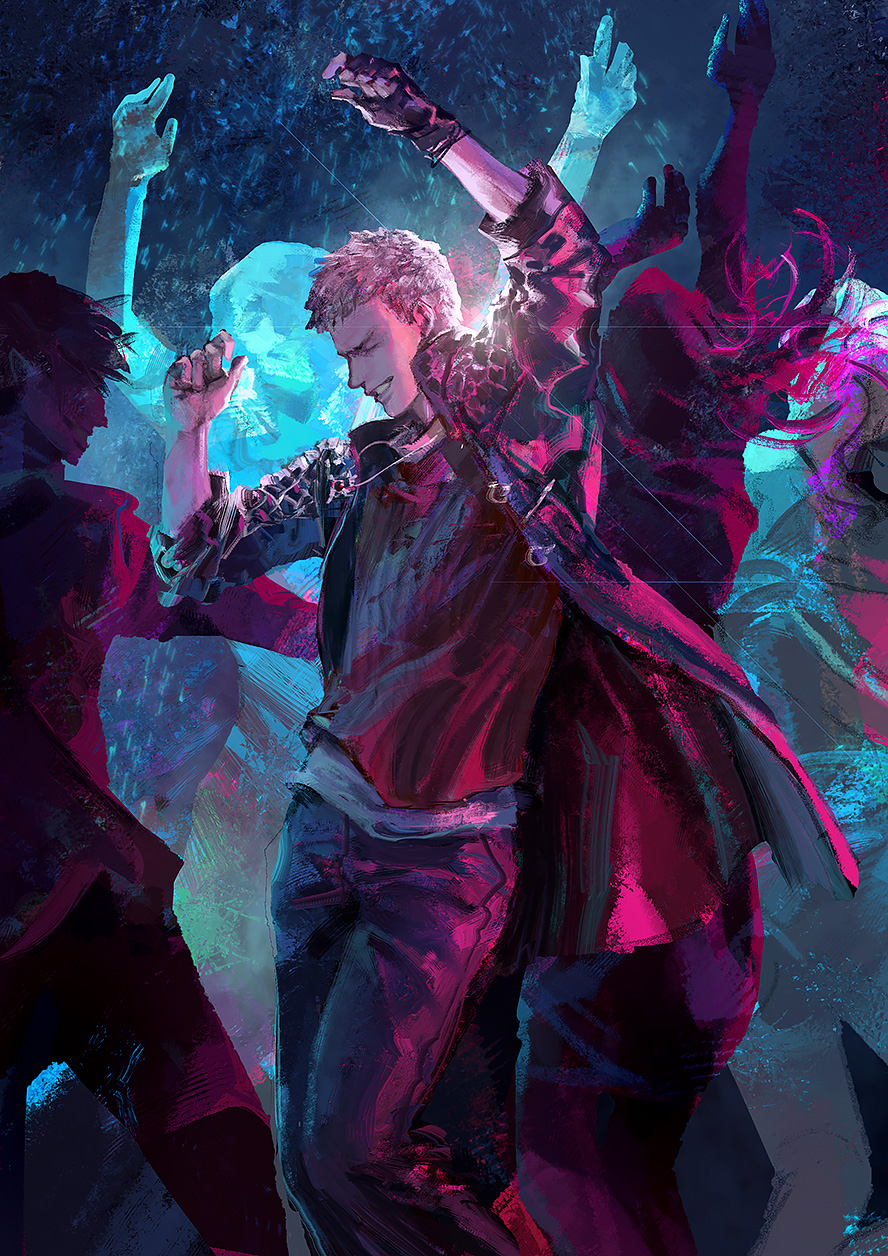 2boys 3girls arms_up black_gloves blue_coat blue_legwear bracelet closed_eyes coat commentary dancing devil_may_cry devil_may_cry_5 fingerless_gloves gloves highres jewelry lens_flare long_hair multiple_boys multiple_girls necklace neon_lights nero_(devil_may_cry) parted_lips red_shirt shirt sleeves_rolled_up smile standing tin_nijigen white_hair white_shirt