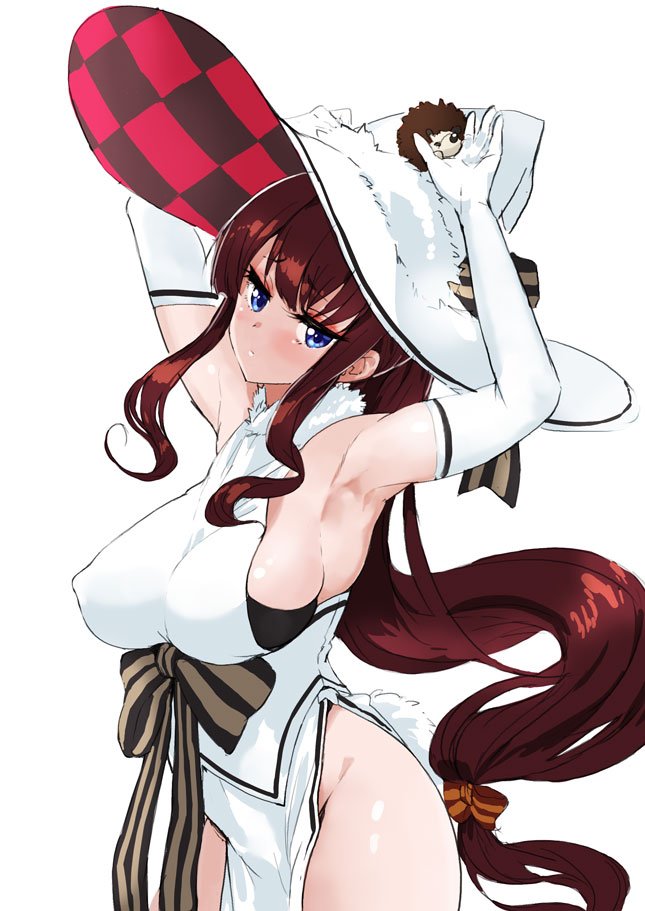 1girl armpits bangs blue_eyes blush bow breasts brown_bow brown_hair closed_mouth cowboy_shot elbow_gloves gloves hand_up hat hedgehog jitome kirara_fantasia large_breasts large_hat long_hair looking_at_viewer new_game! pelvic_curtain porcupine ruuto_(sorufu) solo soujirou_(new_game!) standing takimoto_hifumi very_long_hair white_background white_gloves white_headwear witch_hat