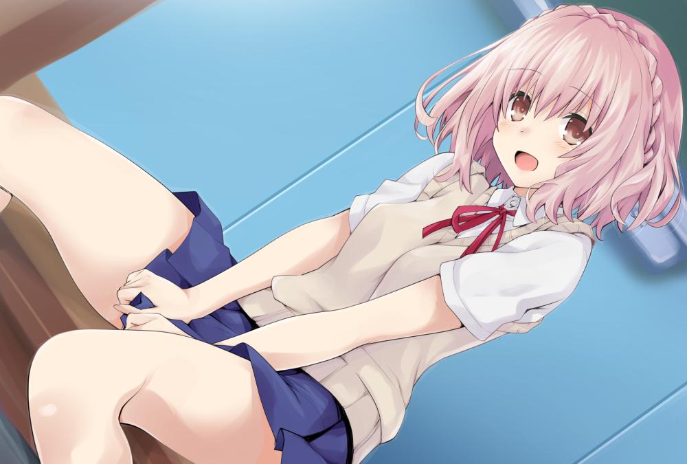 1girl :d beige_vest between_legs blue_skirt blush braid collared_shirt commentary_request date_a_live hair_between_eyes hand_between_legs indoors iwasi-r looking_at_viewer medium_hair official_art open_mouth pink_eyes pink_hair pleated_skirt school_uniform shirt sitting skirt skirt_tug smile solo sonogami_rinne white_shirt