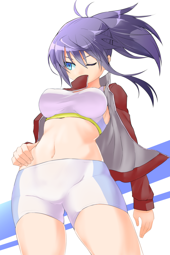 1girl bike_shorts blue_eyes breasts contrapposto cowboy_shot hair_between_eyes hand_on_hip imura_(shiro_maru) jacket large_breasts long_hair looking_to_the_side midriff navel open_clothes open_jacket original ponytail purple_hair red_jacket shiro_maru shorts solo sports_bra track_jacket white_shorts wind