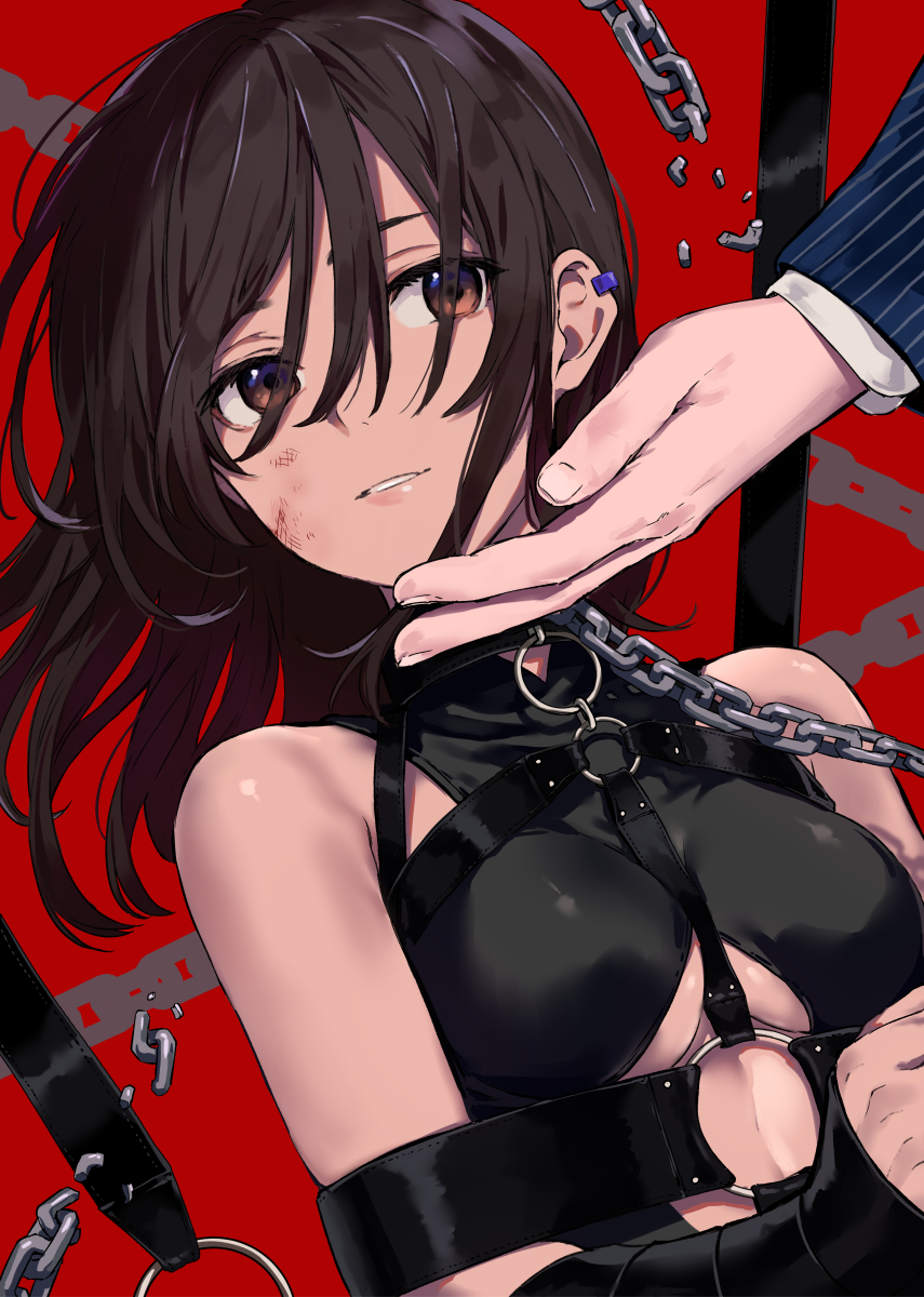 1girl arisaka_ako bangs bare_shoulders bdsm breasts brown_eyes brown_hair bruise center_opening chain commentary_request ear_piercing highres injury leash long_hair long_sleeves looking_at_viewer medium_breasts original parted_lips piercing red_background restrained revealing_clothes sidelocks simple_background solo_focus upper_body