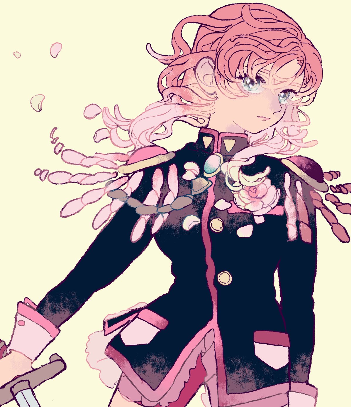 1girl blue_eyes closed_mouth epaulettes floating_hair flower highres holding holding_sword holding_weapon long_hair long_sleeves looking_at_viewer matatatatabi petals pink_flower pink_hair pink_rose rose rose_petals shoujo_kakumei_utena simple_background solo sword tenjou_utena weapon wind yellow_background