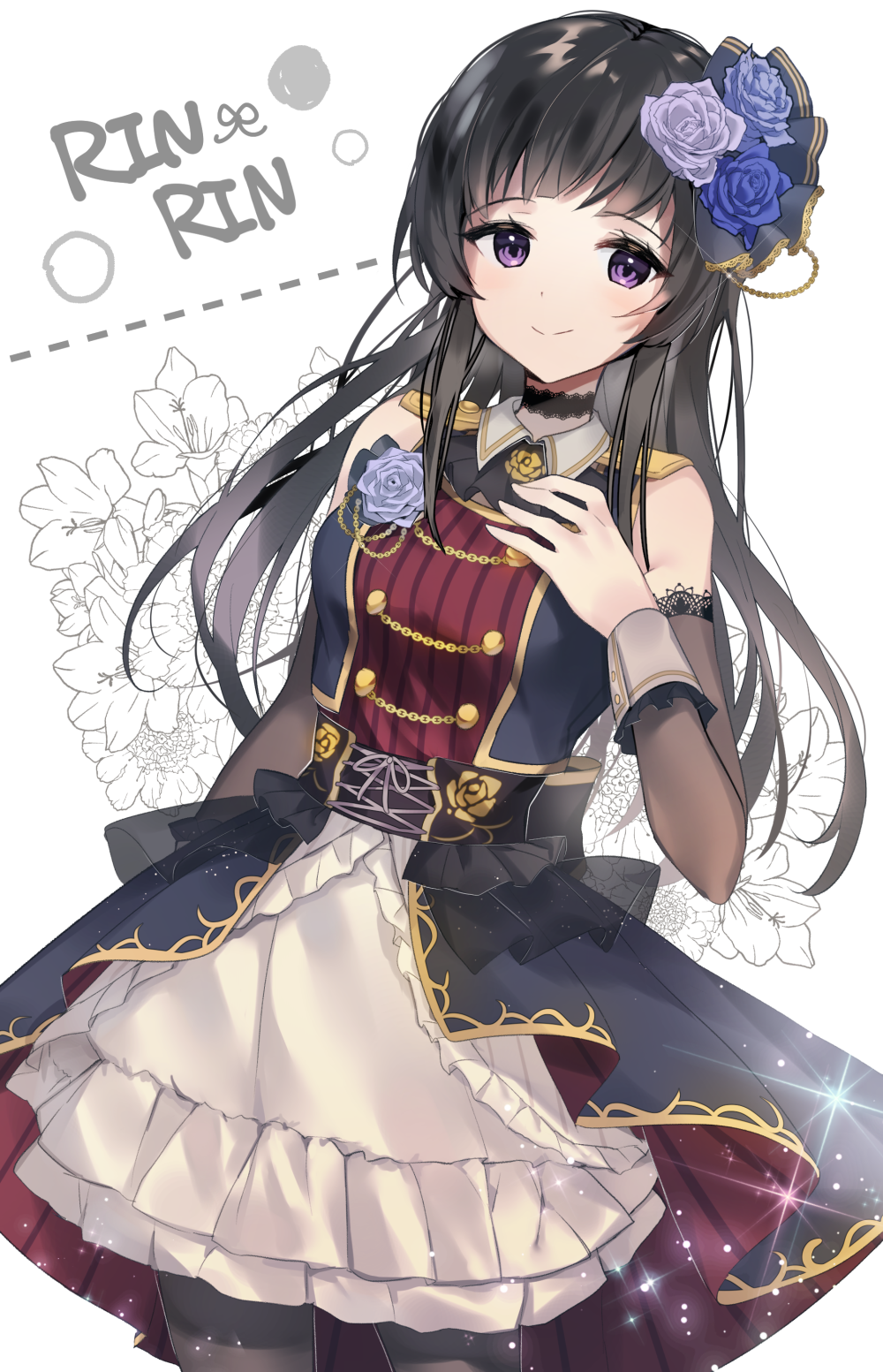 1girl bang_dream! bangs bare_shoulders black_choker black_hair black_legwear black_sleeves blue_dress blue_eyes blue_flower breasts character_name choker commentary cowboy_shot detached_sleeves dot_nose dress floral_print flower hair_flower hair_ornament hand_on_own_chest highres long_hair looking_at_viewer medium_breasts pantyhose shirokane_rinko sleeveless sleeveless_dress smile solo white_background white_dress yuhi_(hssh_6)