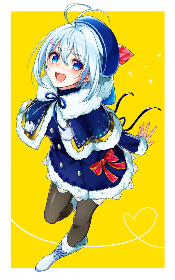 1girl :d antenna_hair arms_behind_back black_legwear blue_dress blue_eyes blue_headwear blue_ribbon blush boots bow capelet dennou_shoujo_youtuber_shiro dress eyebrows_visible_through_hair from_above full_body fur-trimmed_capelet fur-trimmed_dress fur_trim hair_between_eyes hair_ornament hairclip heart hood hooded_capelet light_blue_hair long_sleeves looking_at_viewer open_mouth pantyhose red_bow ribbon shiro_(dennou_shoujo_youtuber_shiro) short_dress short_hair smile snowflake_print solo sparkle standing virtual_youtuber white_footwear x_hair_ornament yellow_background yodare_(3yami8)