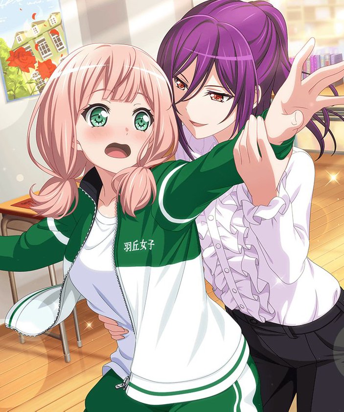 2girls bad_id bad_twitter_id bang_dream! bangs black_pants blush book center_frills clothes_writing cropped dancing desk frilled_sleeves frills green_eyes hair_between_eyes half_updo hand_on_another's_waist hands_up indoors jacket long_sleeves looking_at_another low_twintails medium_hair multiple_girls official_art open_mouth outstretched_arms pants pink_hair ponytail poster_(object) purple_hair red_eyes school_desk seta_kaoru shirt smile spread_arms track_jacket track_pants twintails uehara_himari violet_eyes white_shirt wooden_floor yuri