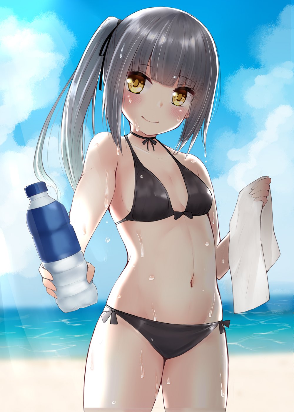 1girl beach bikini black_bikini black_ribbon blue_sky bottle breasts clouds collarbone cowboy_shot day highres kantai_collection kasumi_(kantai_collection) light_rays long_hair looking_at_viewer navel neck_ribbon outdoors ribbon sasakura_(calicchio) side-tie_bikini side_ponytail sky small_breasts smile solo standing sunbeam sunlight swimsuit towel wet white_towel yellow_eyes