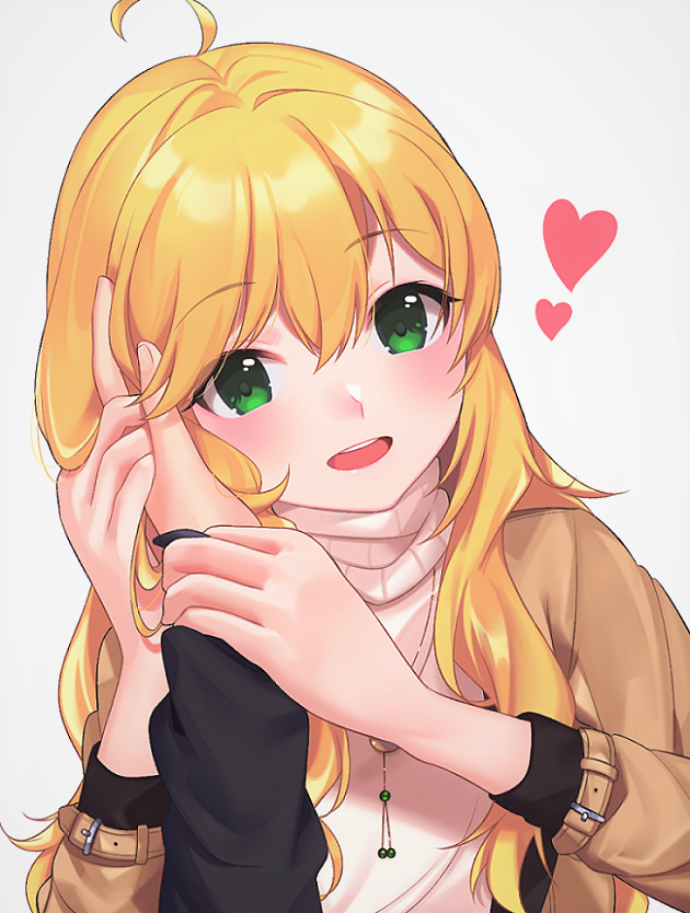 1girl :d ahoge arm_grab artist_request beige_sweater blonde_hair blush brown_jacket commentary_request eyebrows_visible_through_hair face green_eyes hair_between_eyes hand_on_own_face happy heart hoshii_miki idolmaster idolmaster_(classic) jacket long_hair long_sleeves looking_at_viewer open_mouth red_heart simple_background smile solo_focus sweater upper_teeth white_background