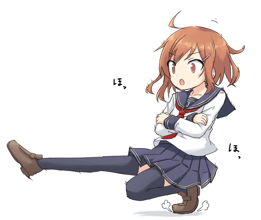 1girl :o black_legwear blue_skirt brown_eyes brown_footwear brown_hair cossack_dance crossed_arms eyebrows_visible_through_hair full_body hair_ornament hairclip ikazuchi_(kantai_collection) kakizaki_(chou_neji) kantai_collection loafers neckerchief pleated_skirt red_neckwear school_uniform serafuku shoes short_hair simple_background skirt solo thigh-highs white_background