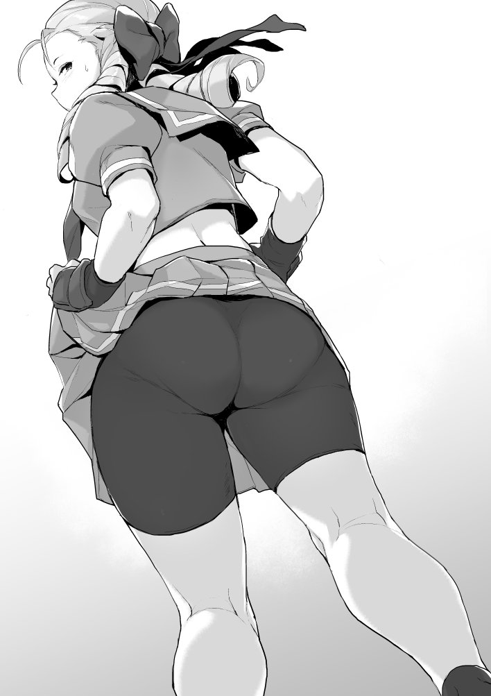 1girl antenna_hair ass bike_shorts commentary_request drill_hair dutch_angle from_below gloves grey_background greyscale hands_on_hips kanzuki_karin kneepits looking_back messatsu_tan monochrome pantylines short_hair solo street_fighter street_fighter_zero_(series) sweat