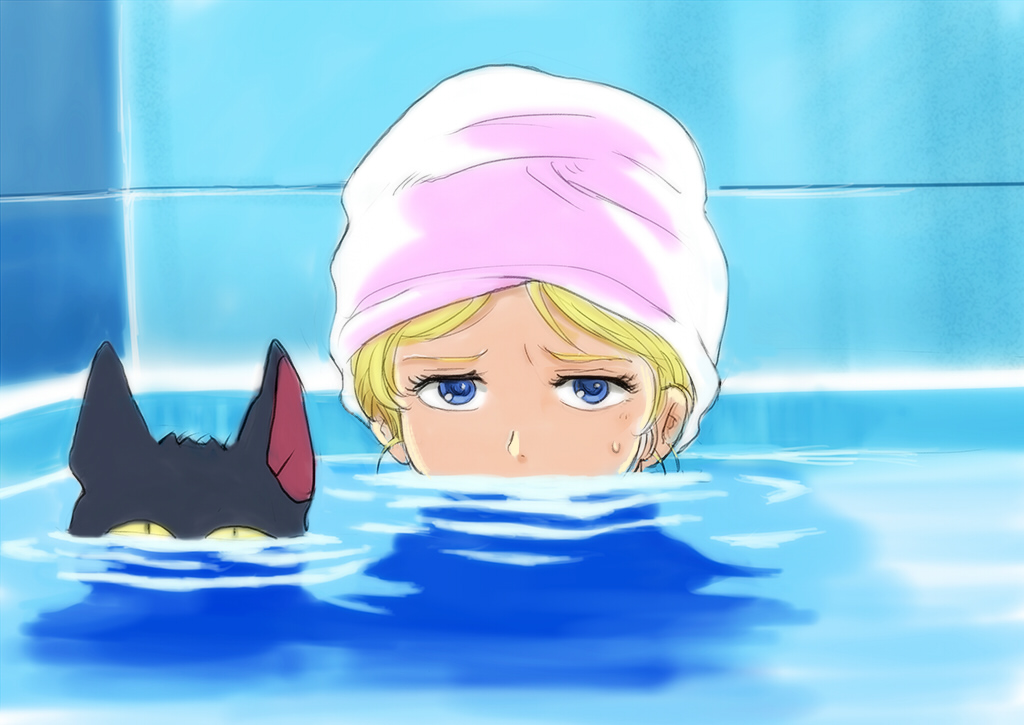 1girl bath blonde_hair blue_eyes cat commentary_request gacha-m gundam looking_at_viewer mobile_suit_gundam sayla_mass short_hair towel towel_on_head water