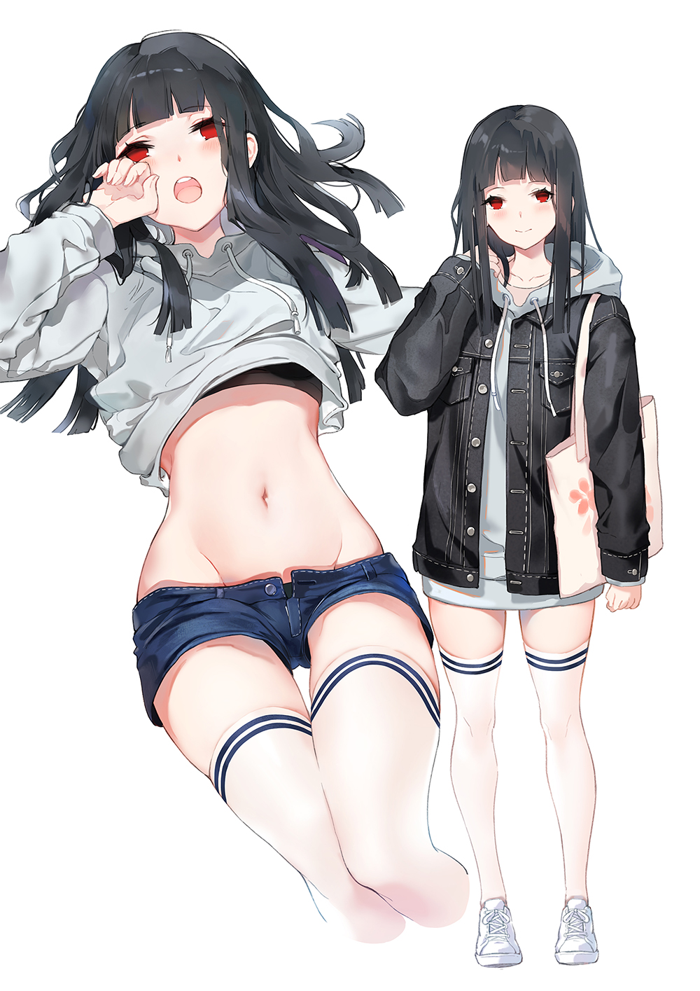 1girl :o bag bangs black_hair black_jacket blunt_bangs blush buttons crop_top denim denim_shorts drawstring empty_eyes grey_hoodie groin hand_up highres hood hood_down hoodie hoodie_dress hoodie_lift jacket long_hair long_sleeves looking_at_viewer micro_shorts midriff multiple_views navel no_pupils open_clothes open_fly open_jacket open_mouth original panties panty_peek red_eyes shoes shorts shoulder_bag sidelocks smile sneakers standing stomach thigh-highs undershirt underwear white_footwear white_legwear yumaomi