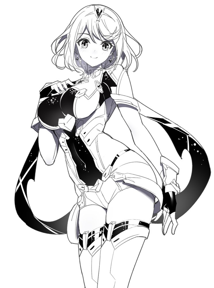 1girl bangs bare_shoulders blush breasts closed_mouth commentary_request covered_navel earrings eyebrows_visible_through_hair fingerless_gloves gloves greyscale hair_between_eyes hand_on_hip hand_on_own_chest headpiece pyra_(xenoblade) jewelry large_breasts leotard long_hair monochrome ririko_(zhuoyandesailaer) short_shorts shorts simple_background smile solo thigh-highs white_background xenoblade_(series) xenoblade_2