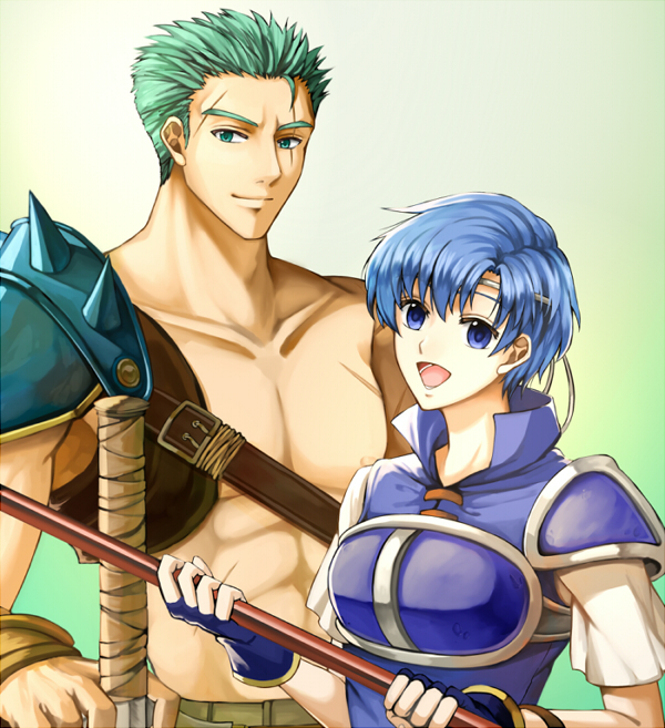 1boy 1girl :d blue_eyes blue_gloves blue_hair blue_shirt breastplate collarbone delsaber dieck fingerless_gloves fire_emblem fire_emblem:_fuuin_no_tsurugi gloves gradient gradient_background green_background green_eyes green_hair holding_polearm looking_at_viewer open_mouth scar scar_across_eye shirt short_hair short_sleeves shoulder_armor smile spaulders spiky_hair sword thany weapon white_shirt white_sleeves