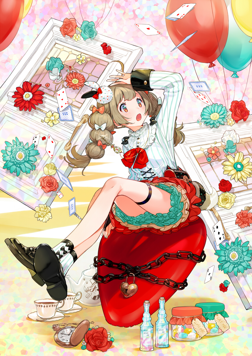 1girl alice_in_wonderland balloon black_footwear bottle brown_eyes brown_hair card cat chain clock commentary_request cup door flower full_body hair_ornament hair_ribbon hand_up heart highres jar key lock long_hair long_sleeves looking_up official_art open_mouth playing_card red_skirt ribbon shirt shoes sitting skirt socks solo striped striped_shirt teacup teapot thigh_strap twintails vertical-striped_shirt vertical_stripes white_legwear white_shirt yuu_(higashi_no_penguin)