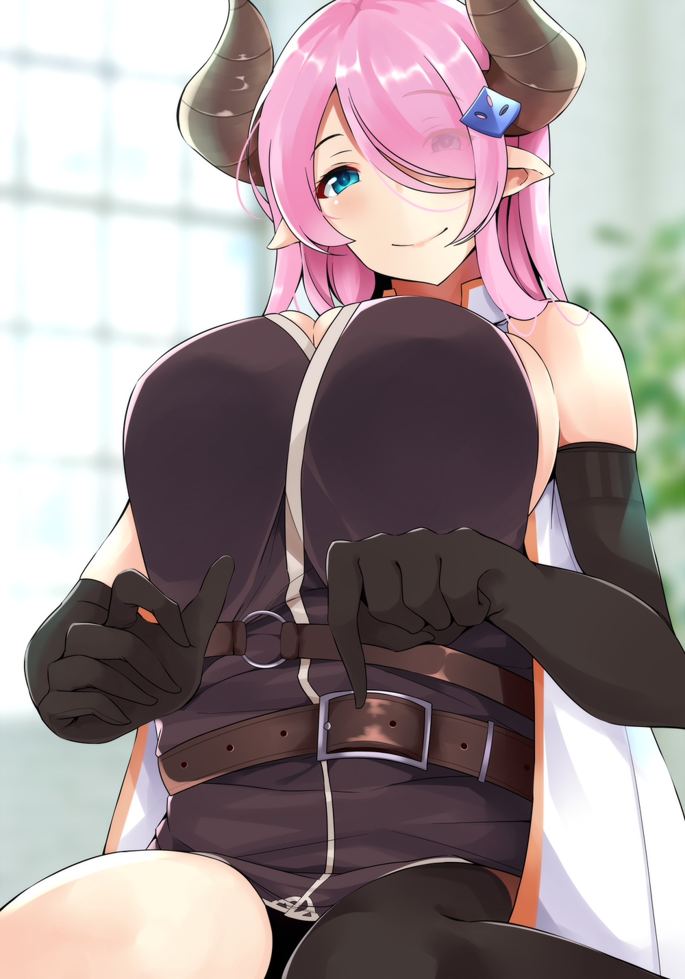 1girl asymmetrical_gloves bare_shoulders black_gloves black_legwear blue_eyes blush breasts collared_shirt commentary_request draph elbow_gloves eyebrows_visible_through_hair eyes_visible_through_hair gloves granblue_fantasy hair_ornament hair_over_one_eye highres horns lap_pillow_invitation large_breasts long_hair looking_at_viewer low_tied_hair narmaya_(granblue_fantasy) pink_hair pointing pointing_at_self pointing_down pointy_ears shirt single_thighhigh sleeveless sleeveless_shirt smile solo thigh-highs ton_ton_tontoro