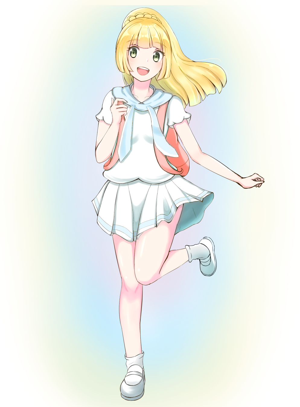 1girl backpack bag blonde_hair commentary_request full_body green_eyes highres leg_up lillie_(pokemon) long_hair muginon5 open_mouth pokemon pokemon_(game) pokemon_sm ponytail shirt shoes short_sleeves simple_background skirt socks solo white_legwear white_shirt white_skirt