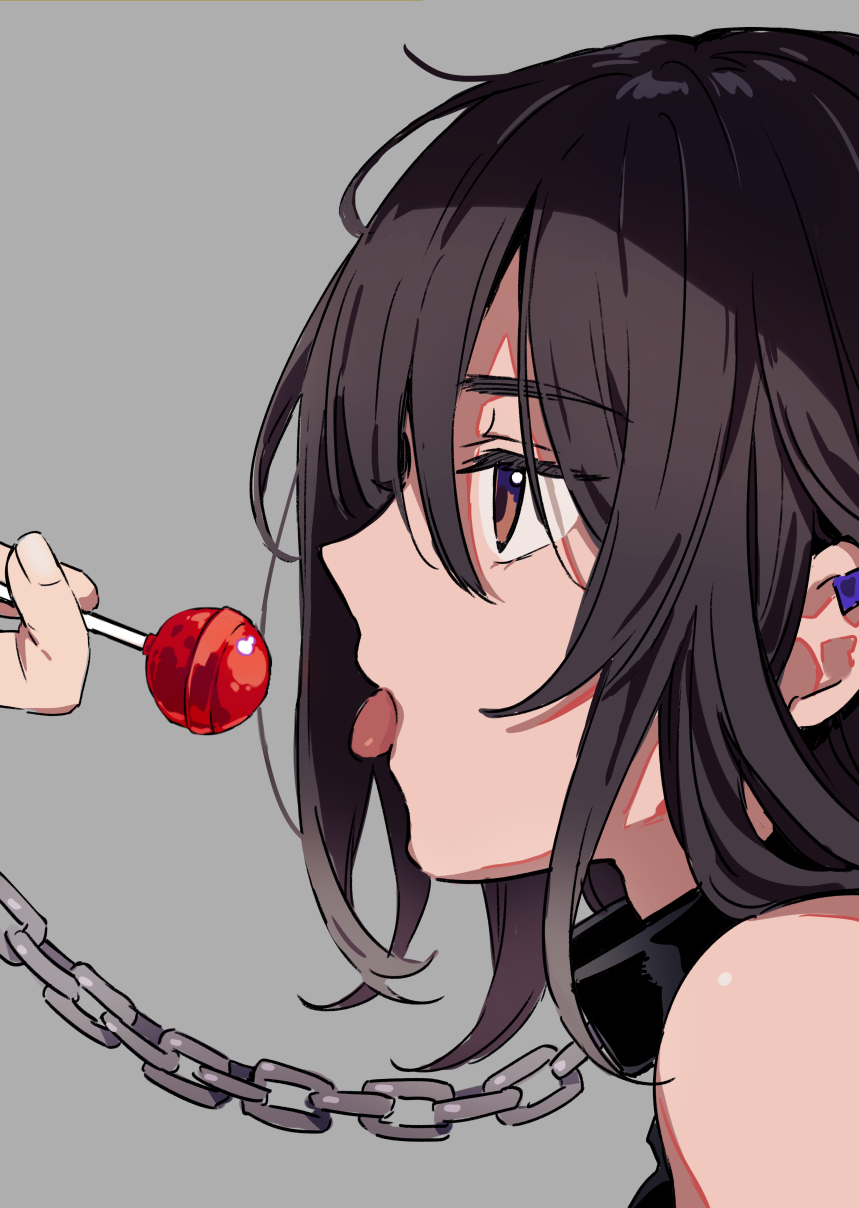 1girl arisaka_ako bare_shoulders bdsm black_hair brown_eyes chain ear_piercing grey_background highres holding_lollipop leash long_hair open_mouth original piercing profile sidelocks simple_background solo_focus tongue tongue_out upper_body
