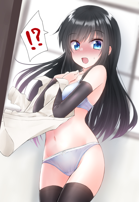 !? 1girl arm_warmers asashio_(kantai_collection) bangs bare_shoulders black_hair black_legwear blue_bra blue_eyes blue_panties blush bow bow_panties bra breasts collarbone commentary_request cowboy_shot eyebrows_visible_through_hair hair_between_eyes holding indoors kantai_collection long_hair looking_at_viewer navel nose_blush open_mouth panties sasakura_(calicchio) shirt skindentation solo standing surprised sweatdrop thigh-highs underwear underwear_only undressing white_shirt