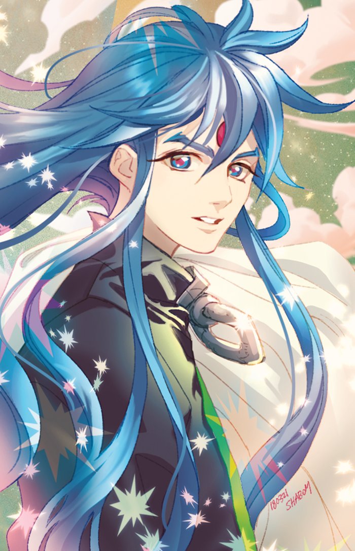 1boy bangs bishounen blue_eyes blue_hair clouds commentary_request dated facial_mark forehead_mark hair_between_eyes houshin_engi long_eyelashes long_hair looking_at_viewer looking_to_the_side male_focus shabomu shawl sidelocks signature smile solo sparkle upper_body youzen