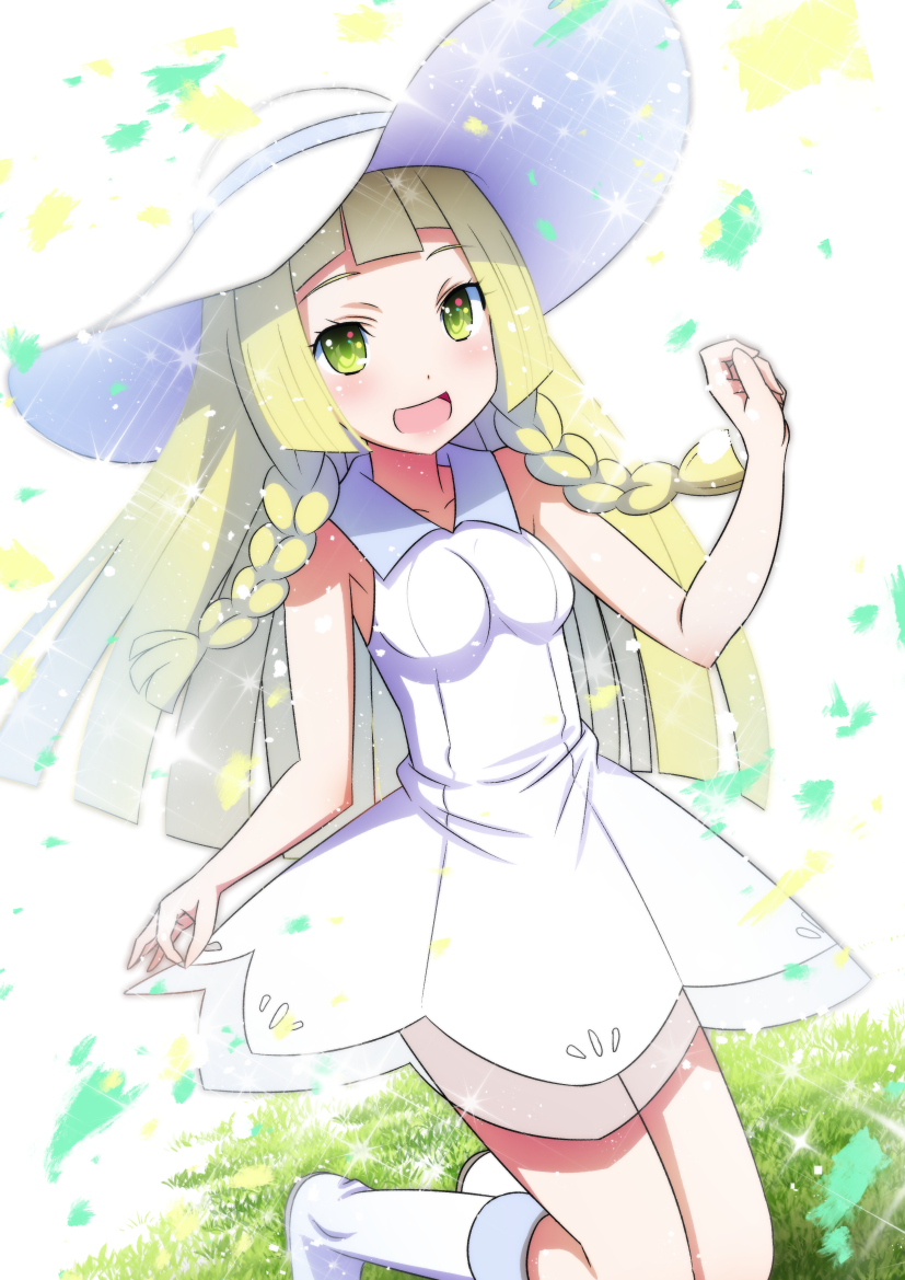 1girl ai_wa_muteki blonde_hair braid commentary_request dress grass green_eyes hat lillie_(pokemon) long_hair open_mouth pokemon pokemon_(game) pokemon_sm sleeveless sleeveless_dress solo sun_hat twin_braids white_dress white_headwear