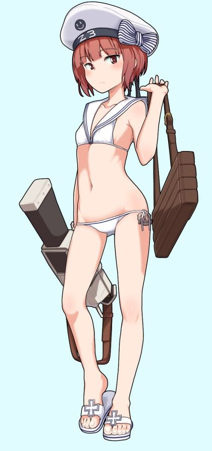 1girl aqua_background bag bikini brown_eyes brown_hair commentary_request disconnected_mouth dress eyebrows_visible_through_hair full_body gun hat kantai_collection kikunosukemaru looking_at_viewer sailor_bikini sailor_collar sailor_dress sailor_hat sandals short_hair simple_background solo standing swimsuit weapon white_bikini white_headwear white_sailor_collar z3_max_schultz_(kantai_collection)