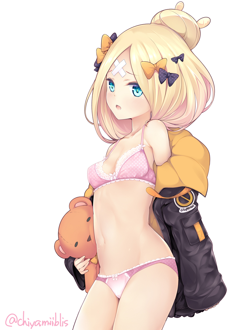 1girl abigail_williams_(fate/grand_order) bad_id bad_pixiv_id bangs black_bow black_jacket blonde_hair blue_eyes blush bow bow_bra bow_panties bra breasts chiyami commentary_request cowboy_shot crossed_bandaids eyebrows_visible_through_hair fate/grand_order fate_(series) hair_bow hair_bun heroic_spirit_traveling_outfit jacket long_hair long_sleeves object_hug off_shoulder open_clothes open_jacket open_mouth orange_bow panties parted_bangs pink_bra pink_panties polka_dot polka_dot_bow polka_dot_bra polka_dot_panties simple_background sleeves_past_fingers sleeves_past_wrists small_breasts solo stuffed_animal stuffed_toy teddy_bear twitter_username underwear white_background