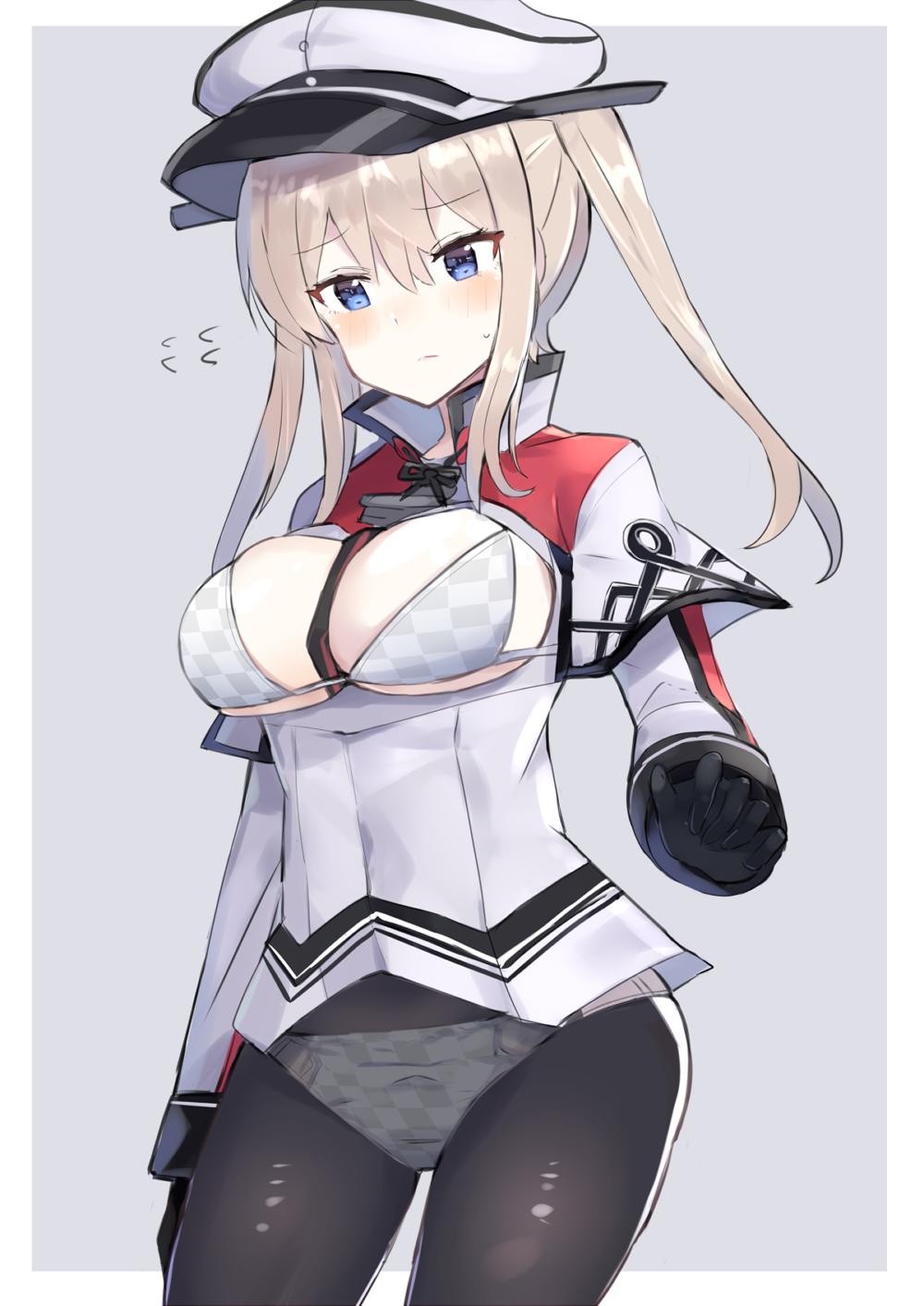 1girl between_breasts black_gloves black_legwear blonde_hair border bra breasts capelet celtic_knot checkered checkered_bra checkered_panties commentary_request cowboy_shot fake_transparency gloves graf_zeppelin_(kantai_collection) grey_background grey_eyes hair_between_eyes hat highres kantai_collection large_breasts meme military military_hat military_uniform necktie necktie_between_breasts no_pants open_mouth panties pantyhose peaked_cap sidelocks solo standing twintails two-tone_background underwear uniform white_border xenonstriker