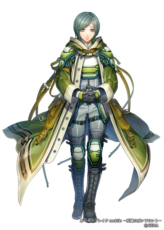 1boy belt_boots black_gloves boots border_break cloak cross-laced_footwear full_body gloves green_eyes grey_hair hands_together knee_pads lace-up_boots male_focus matsutooooka46t official_art simple_background solo standing thigh-highs thigh_boots white_background