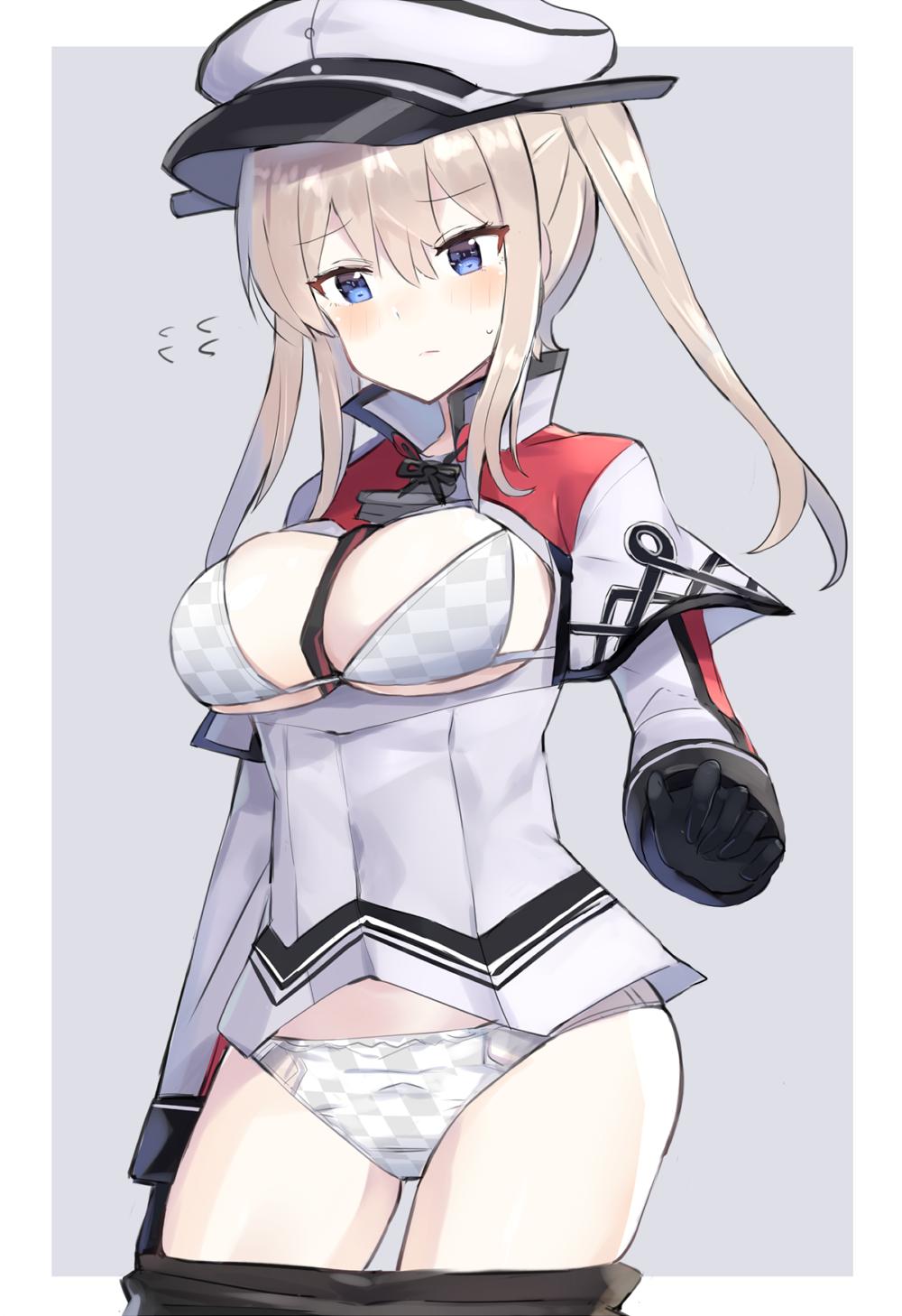 1girl between_breasts black_gloves black_legwear blonde_hair border bra breasts capelet celtic_knot checkered checkered_bra checkered_panties commentary_request cowboy_shot fake_transparency gloves graf_zeppelin_(kantai_collection) grey_background grey_eyes hair_between_eyes hat highres kantai_collection large_breasts meme military military_hat military_uniform necktie necktie_between_breasts no_pants open_mouth panties pantyhose pantyhose_pull peaked_cap sidelocks solo standing twintails two-tone_background underwear uniform white_border xenonstriker