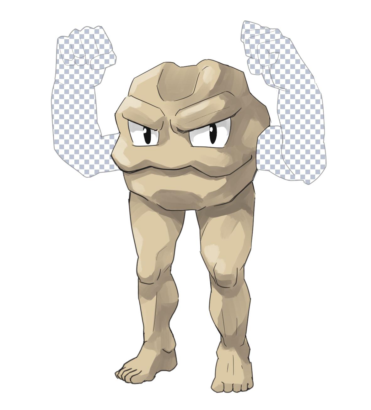 arms_up barefoot commentary fake_transparency gen_1_pokemon geodude highres legs looking_at_viewer mascot_costume meme no_humans pokemon pokemon_(creature) real_life rock simple_background solo standing white_background zwei_(santanawamuujojo)