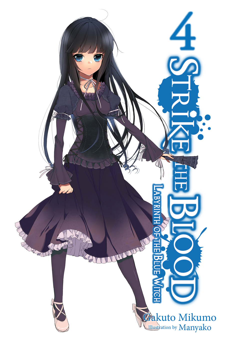 1girl artist_name bangs black_hair black_legwear black_shirt black_skirt blue_eyes copyright_name fan floating_hair frilled_skirt frills full_body gothic_lolita highres holding holding_fan lolita_fashion long_hair long_skirt long_sleeves looking_at_viewer manyako_(mohumohu) minamiya_natsuki neck_ribbon novel_illustration official_art pantyhose plaid plaid_skirt ribbon shirt simple_background skirt solo standing strike_the_blood very_long_hair white_background white_footwear white_ribbon