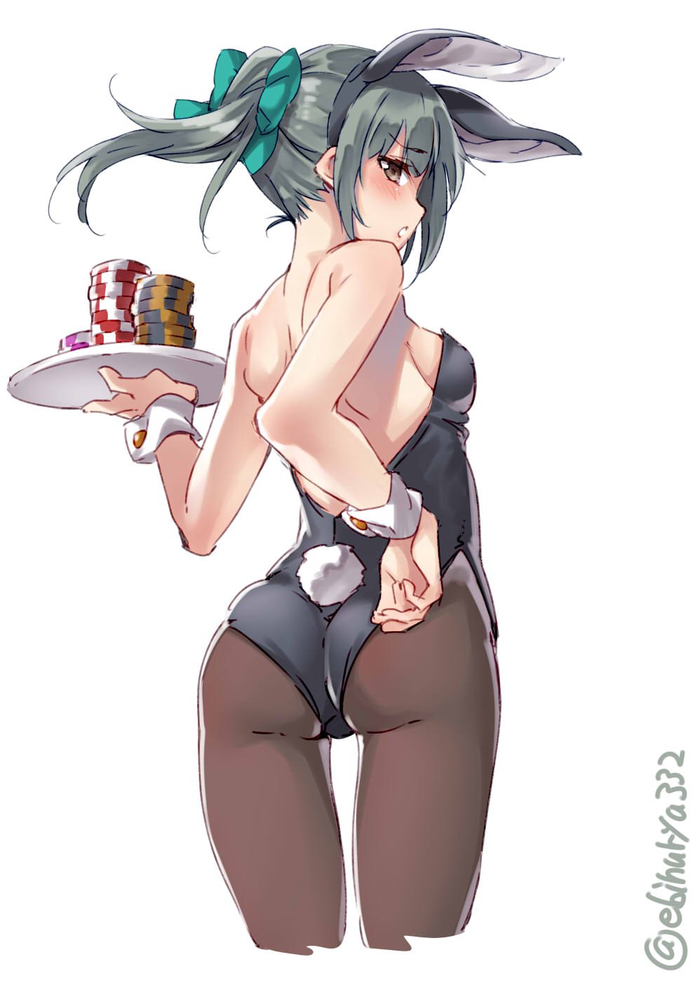 1girl alternate_costume animal_ears ass backless_outfit bare_shoulders black_leotard blush bow breasts brown_eyes brown_legwear bunny_girl bunny_tail bunnysuit commentary_request cowboy_shot cropped_legs ebifurya eyebrows_visible_through_hair fake_animal_ears from_behind green_hair hair_between_eyes hair_bow hair_ribbon highres holding holding_tray kantai_collection leotard long_hair looking_at_viewer open_mouth pantyhose poker_chip ponytail rabbit_ears ribbon small_breasts solo standing strapless strapless_leotard tail tray wrist_cuffs yuubari_(kantai_collection)